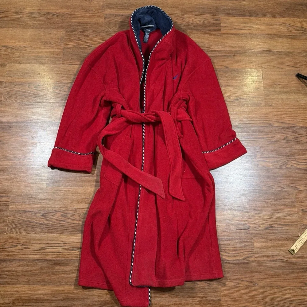 Nautica Vintage Men's Belted Long Sleeve Robe One Size 100%Cotton Red/Blue EUC